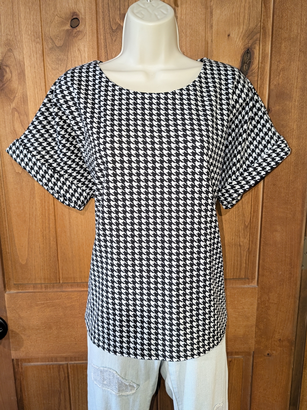 MELLODAY Black & White Houndstooth Short Sleeve Blouse